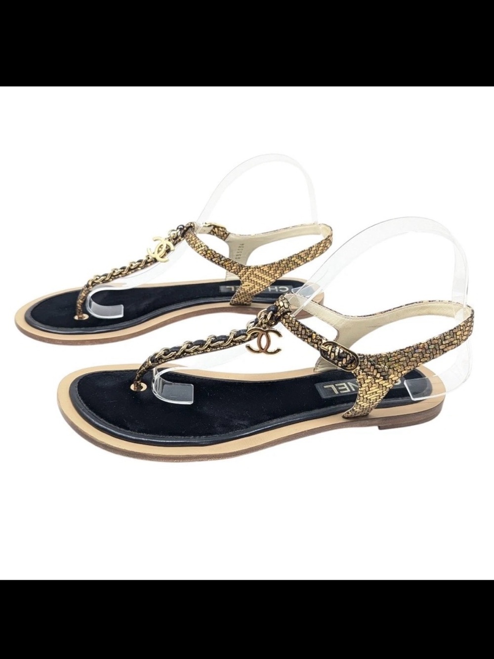 CHANEL Black & Gold Chain T-Strap Sandals - Picture 4 of 8